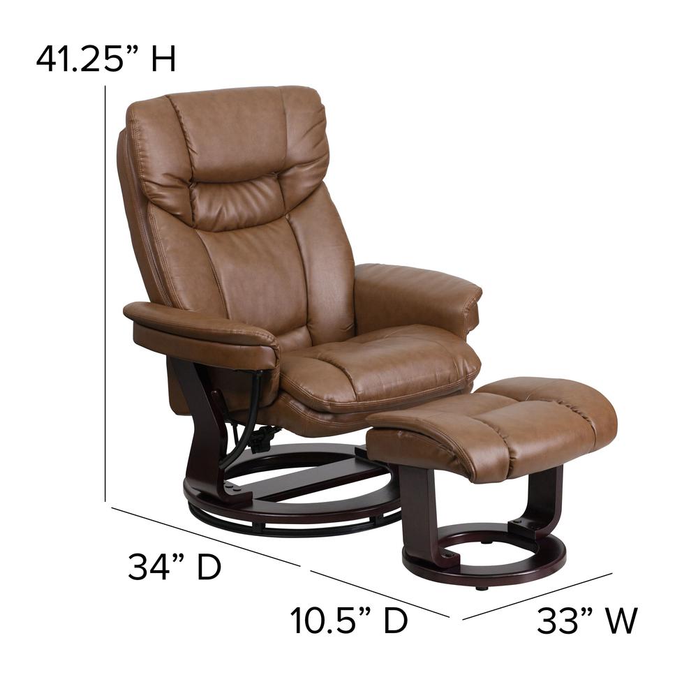 Contemporary Multi-Position Recliner and Curved Ottoman with Swivel Mahogany Wood Base in Palimino LeatherSoft. Picture 2