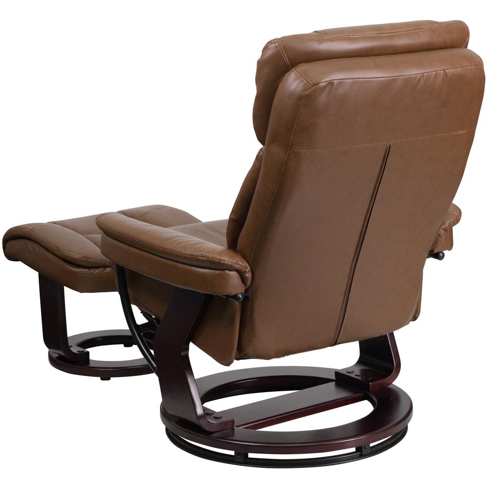 Contemporary Multi-Position Recliner and Curved Ottoman with Swivel Mahogany Wood Base in Palimino LeatherSoft. Picture 4