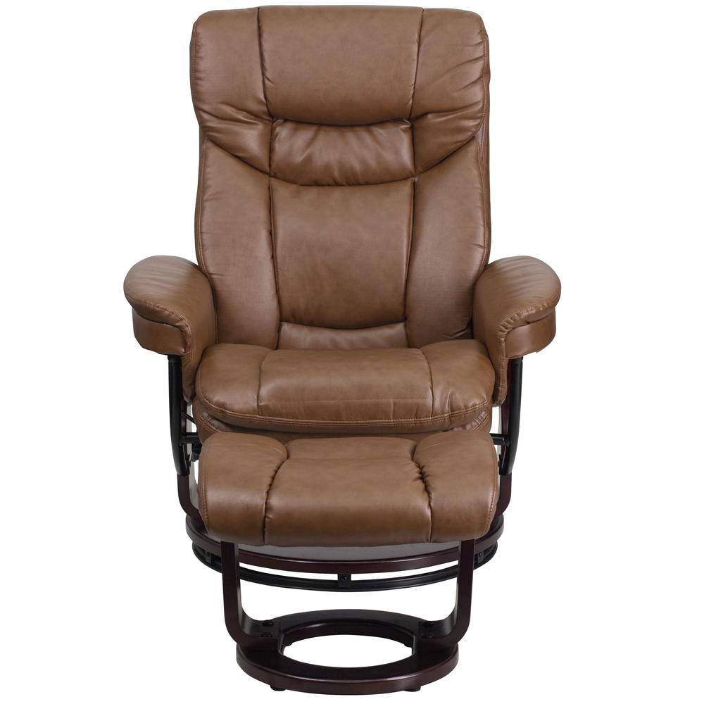 Contemporary Multi-Position Recliner and Curved Ottoman with Swivel Mahogany Wood Base in Palimino LeatherSoft. Picture 5