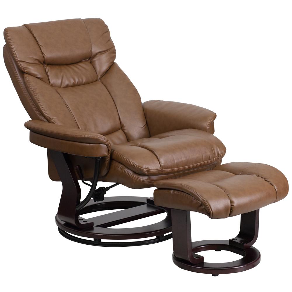Contemporary Multi-Position Recliner and Curved Ottoman with Swivel Mahogany Wood Base in Palimino LeatherSoft. Picture 6
