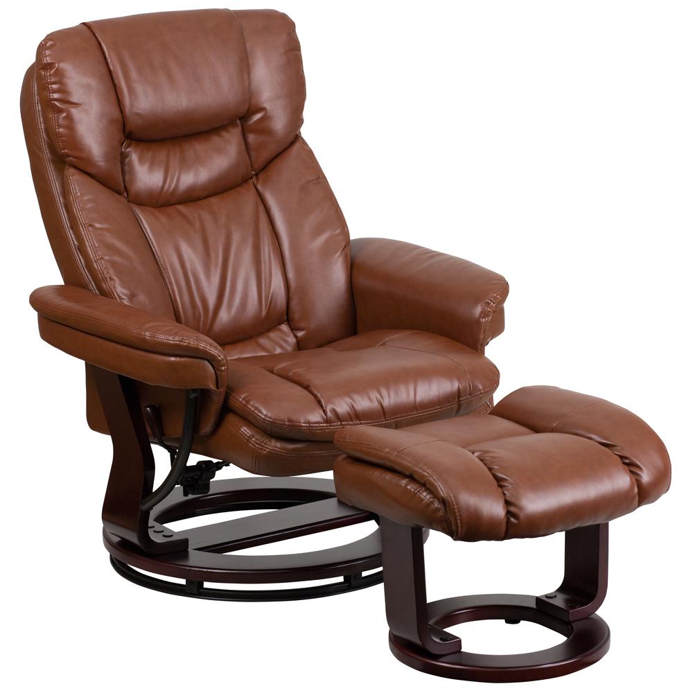 Contemporary Multi-Position Recliner and Curved Ottoman with Swivel Mahogany Wood Base in Brown Vintage LeatherSoft. Picture 1
