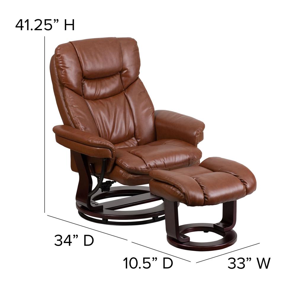 Contemporary Multi-Position Recliner and Curved Ottoman with Swivel Mahogany Wood Base in Brown Vintage LeatherSoft. Picture 2