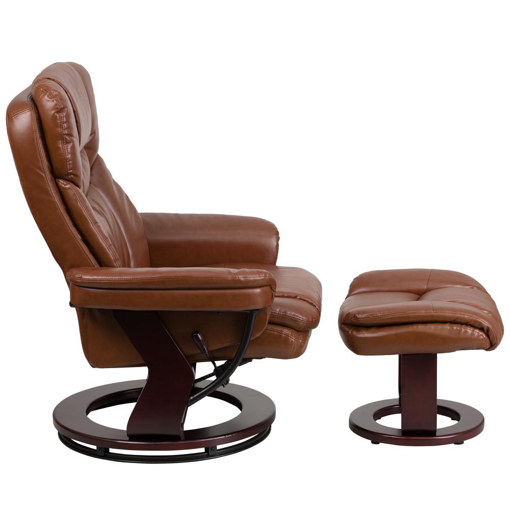 Contemporary Multi-Position Recliner and Curved Ottoman with Swivel Mahogany Wood Base in Brown Vintage LeatherSoft. Picture 3