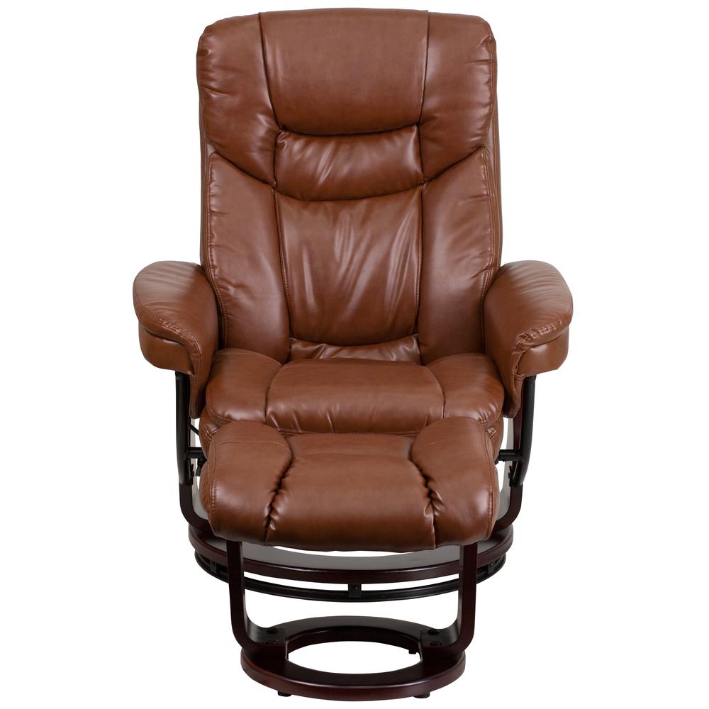 Contemporary Multi-Position Recliner and Curved Ottoman with Swivel Mahogany Wood Base in Brown Vintage LeatherSoft. Picture 5