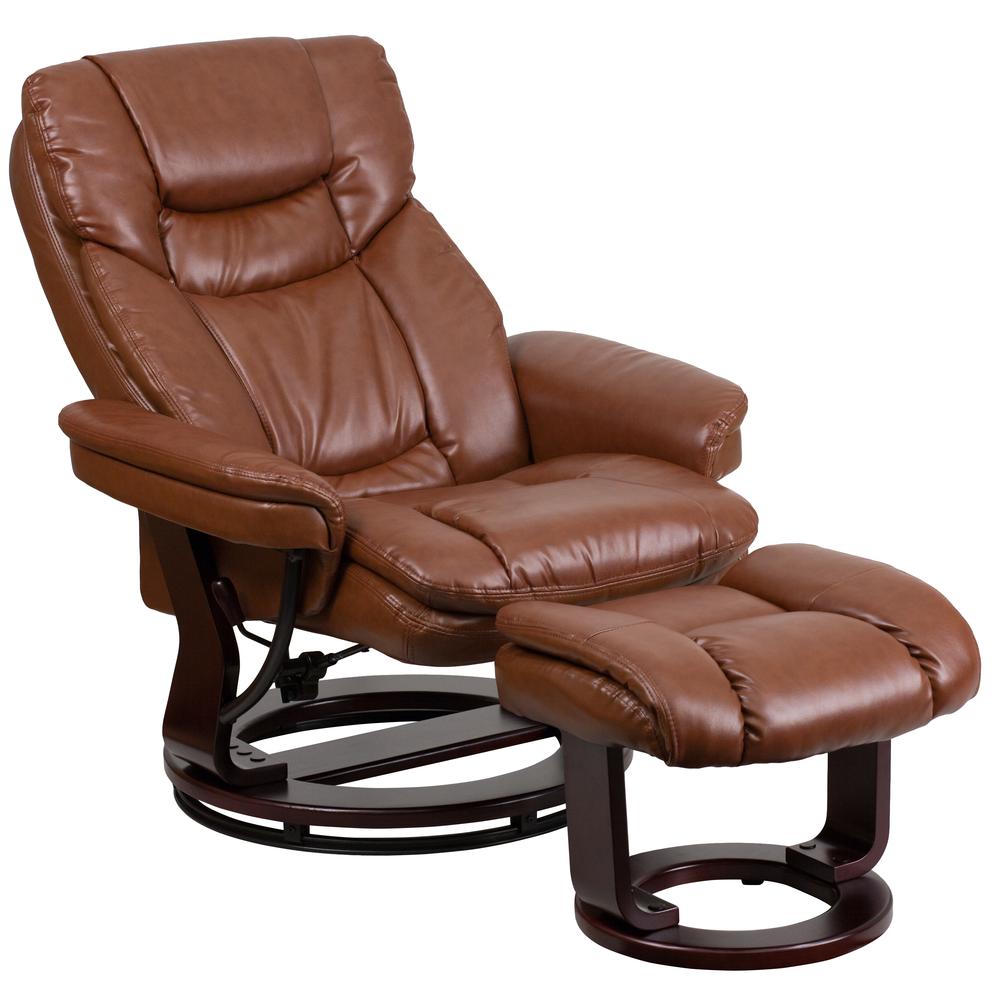 Contemporary Multi-Position Recliner and Curved Ottoman with Swivel Mahogany Wood Base in Brown Vintage LeatherSoft. Picture 6