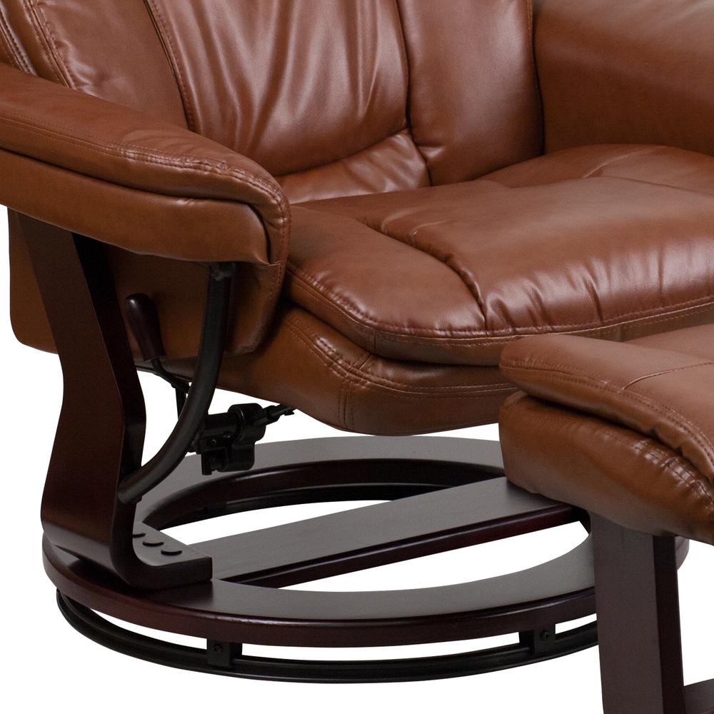 Contemporary Multi-Position Recliner and Curved Ottoman with Swivel Mahogany Wood Base in Brown Vintage LeatherSoft. Picture 7