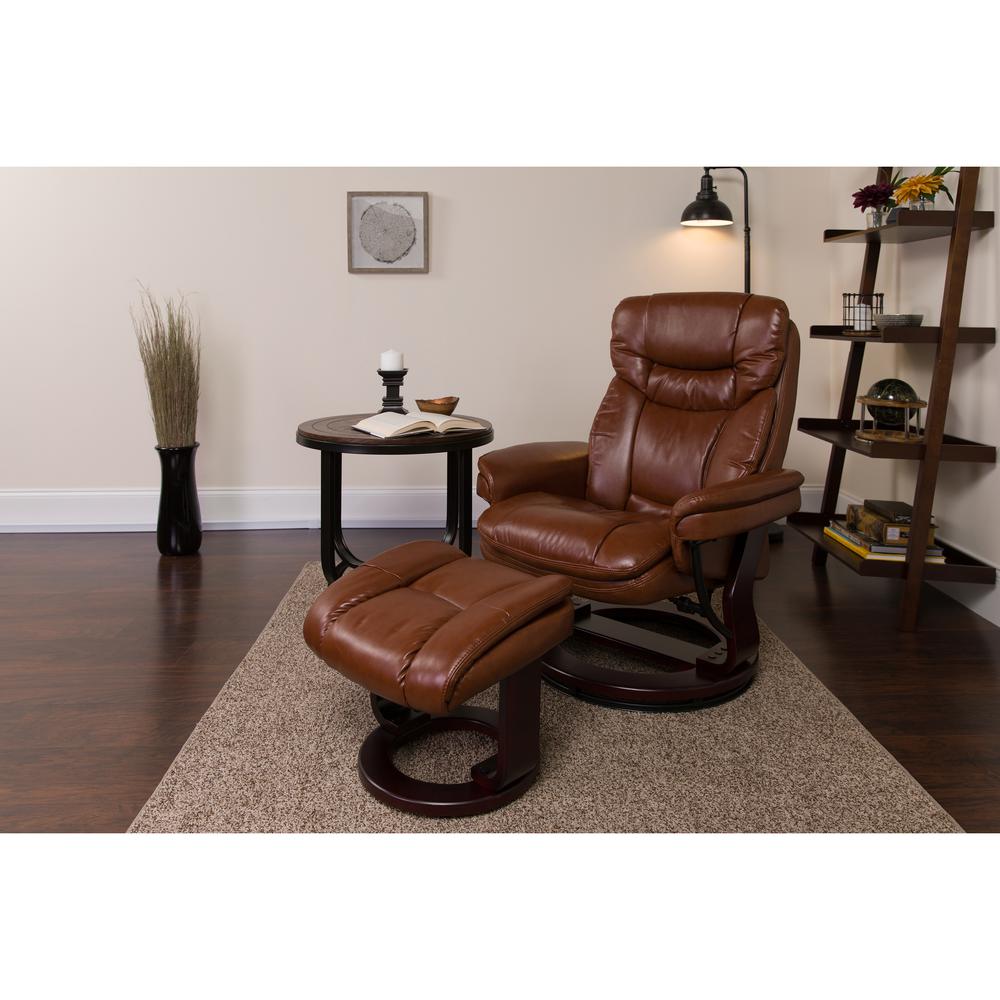 Contemporary Multi-Position Recliner and Curved Ottoman with Swivel Mahogany Wood Base in Brown Vintage LeatherSoft. Picture 9