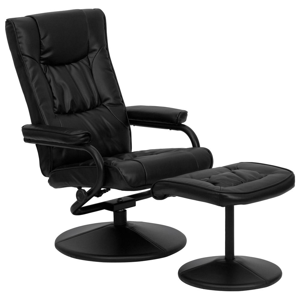 Contemporary Multi-Position Recliner and Ottoman with Wrapped Base in Black LeatherSoft. Picture 1
