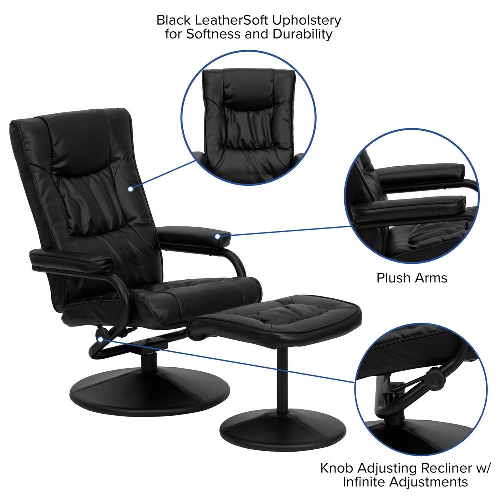 Contemporary Multi-Position Recliner and Ottoman with Wrapped Base in Black LeatherSoft. Picture 6