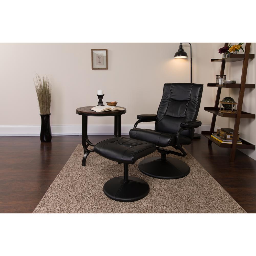 Contemporary Multi-Position Recliner and Ottoman with Wrapped Base in Black LeatherSoft. Picture 9