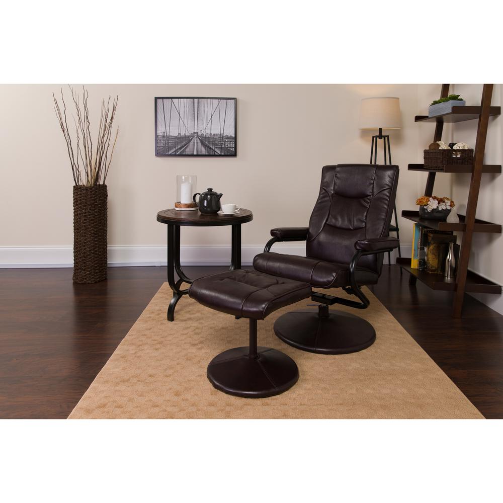 Contemporary Multi-Position Recliner and Ottoman with Wrapped Base in Brown LeatherSoft. Picture 7