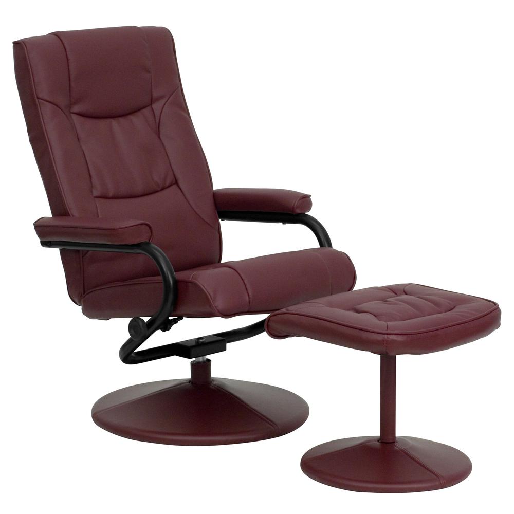 Contemporary Multi-Position Recliner and Ottoman with Wrapped Base in Burgundy LeatherSoft. Picture 1