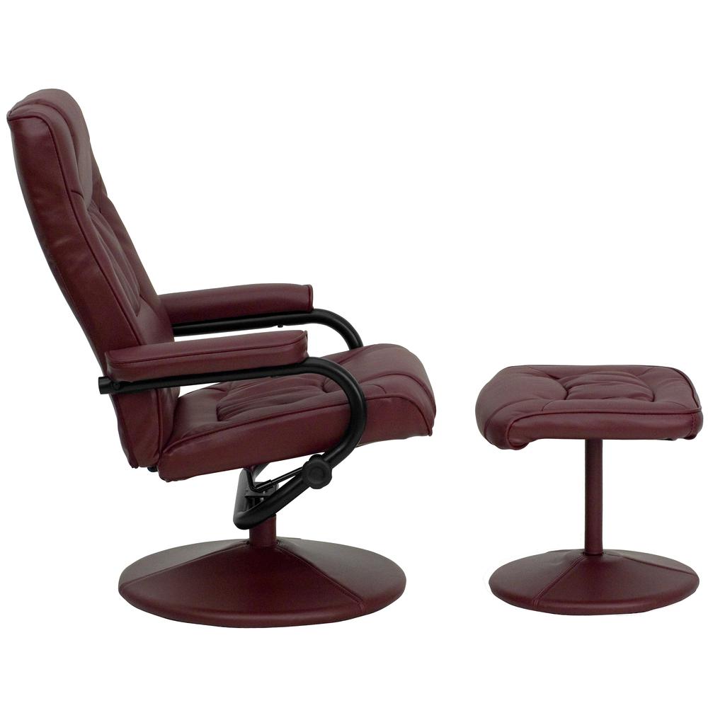 Contemporary Multi-Position Recliner and Ottoman with Wrapped Base in Burgundy LeatherSoft. Picture 3