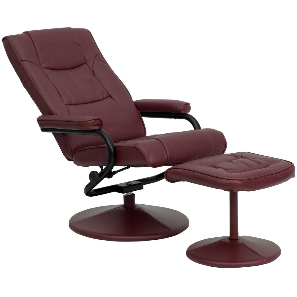 Contemporary Multi-Position Recliner and Ottoman with Wrapped Base in Burgundy LeatherSoft. Picture 6