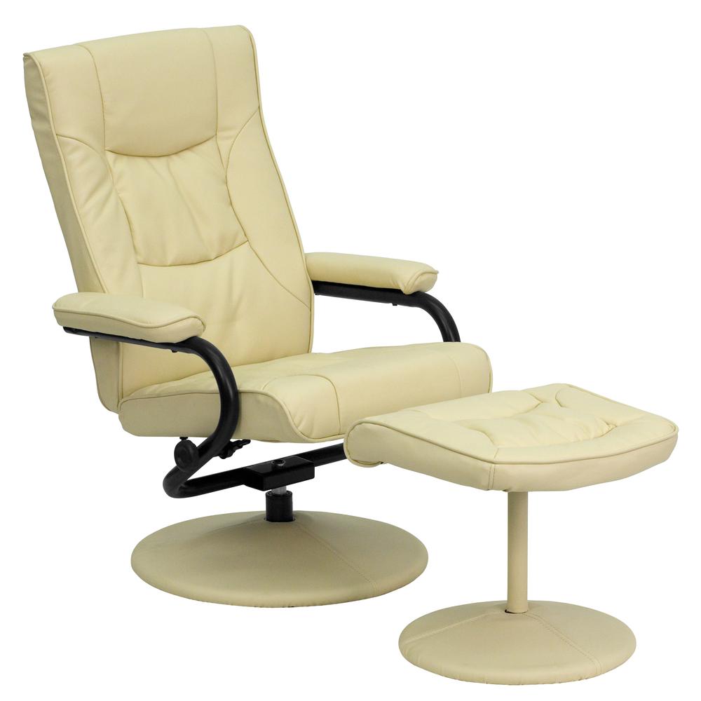 Contemporary Multi-Position Recliner and Ottoman with Wrapped Base in Cream LeatherSoft. Picture 1