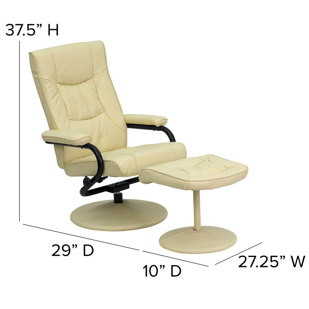 Contemporary Multi-Position Recliner and Ottoman with Wrapped Base in Cream LeatherSoft. Picture 2