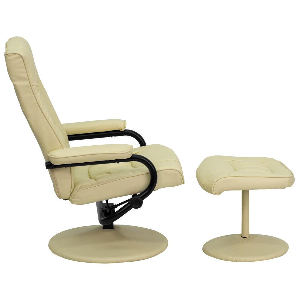 Contemporary Multi-Position Recliner and Ottoman with Wrapped Base in Cream LeatherSoft. Picture 3