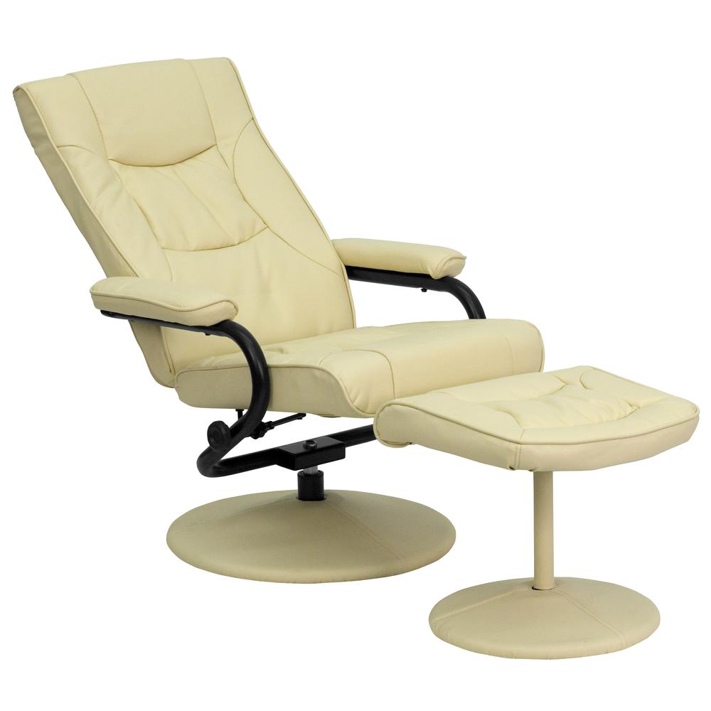 Contemporary Multi-Position Recliner and Ottoman with Wrapped Base in Cream LeatherSoft. Picture 6