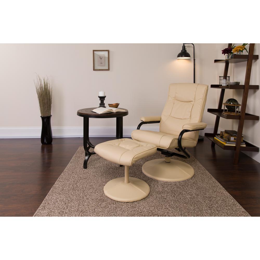 Contemporary Multi-Position Recliner and Ottoman with Wrapped Base in Cream LeatherSoft. Picture 7