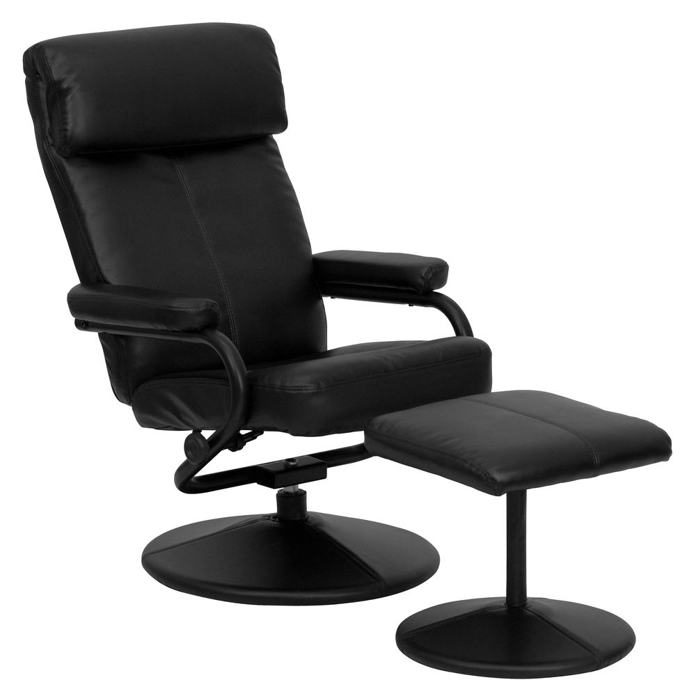 Contemporary Multi-Position Headrest Recliner and Ottoman with Wrapped Base in Black LeatherSoft. Picture 1