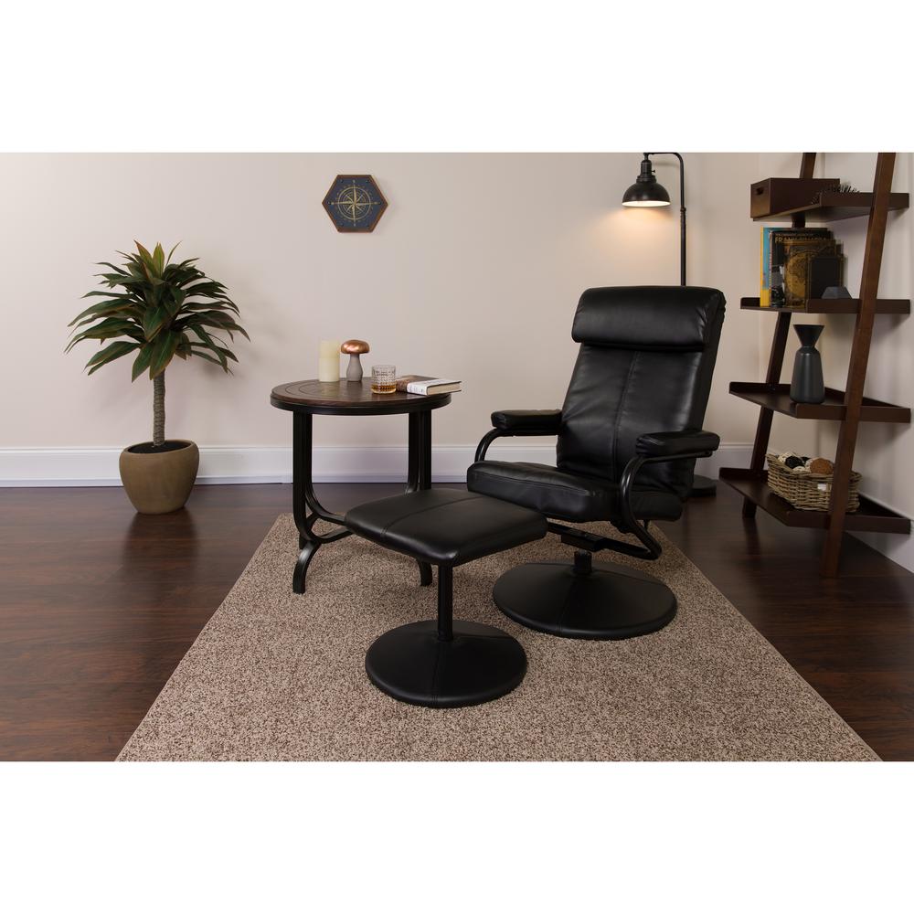 Contemporary Multi-Position Headrest Recliner and Ottoman with Wrapped Base in Black LeatherSoft. Picture 6