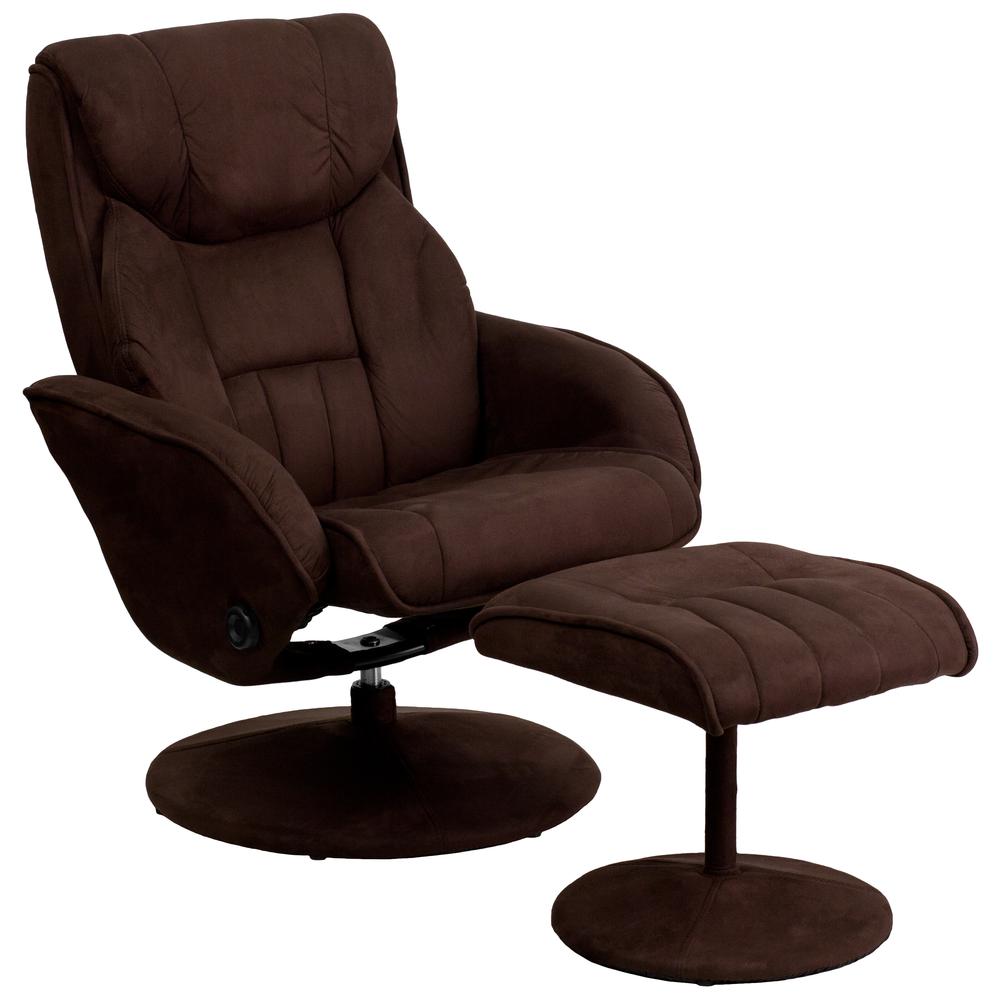 Contemporary Multi-Position Recliner and Ottoman with Circular Wrapped Base in Brown Microfiber. Picture 1