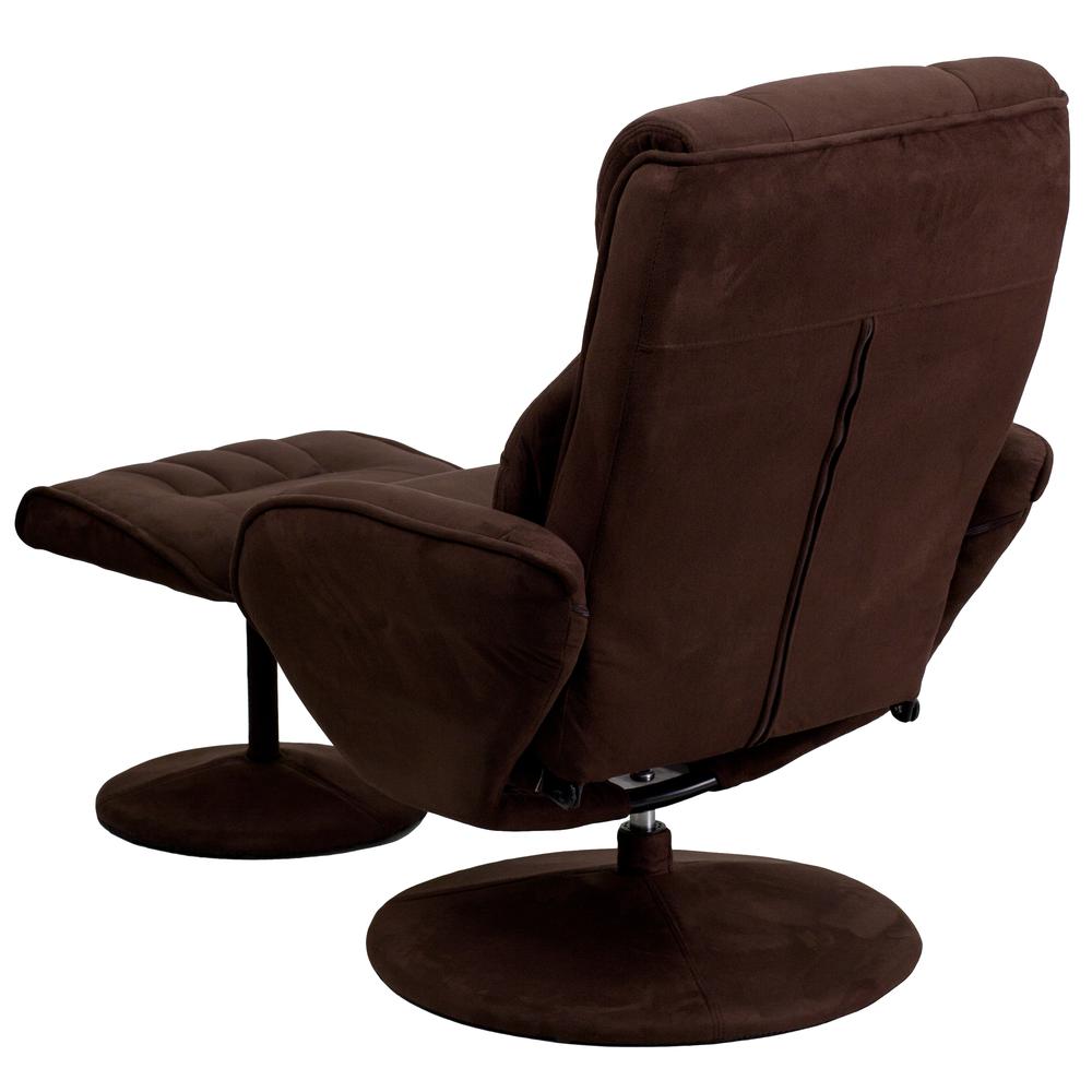 Contemporary Multi-Position Recliner and Ottoman with Circular Wrapped Base in Brown Microfiber. Picture 3