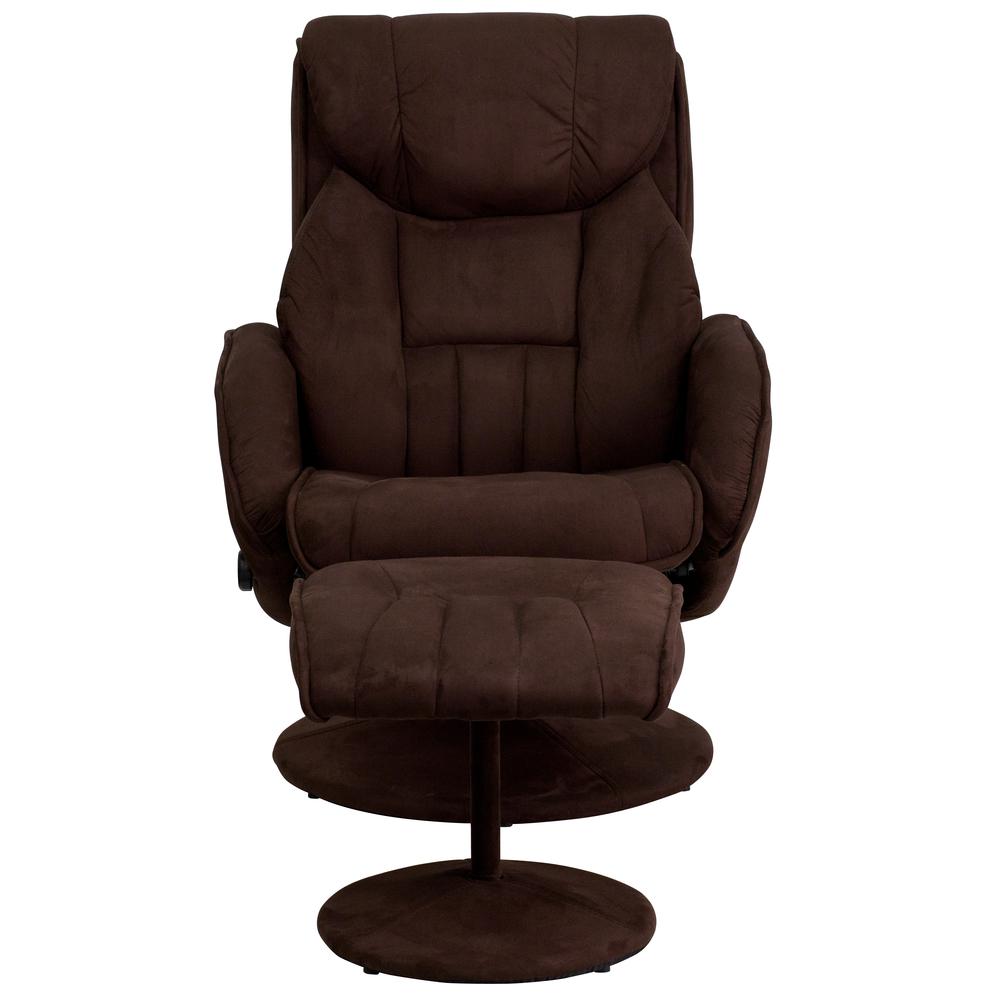 Contemporary Multi-Position Recliner and Ottoman with Circular Wrapped Base in Brown Microfiber. Picture 4