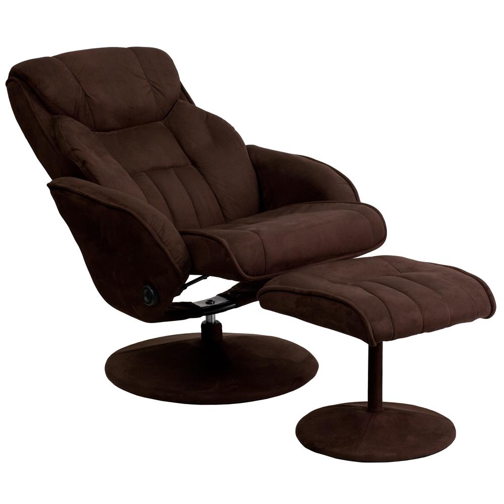 Contemporary Multi-Position Recliner and Ottoman with Circular Wrapped Base in Brown Microfiber. Picture 5