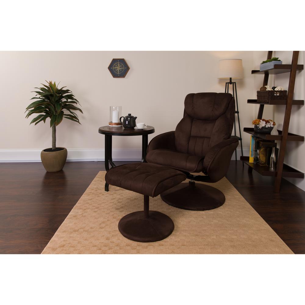 Contemporary Multi-Position Recliner and Ottoman with Circular Wrapped Base in Brown Microfiber. Picture 6