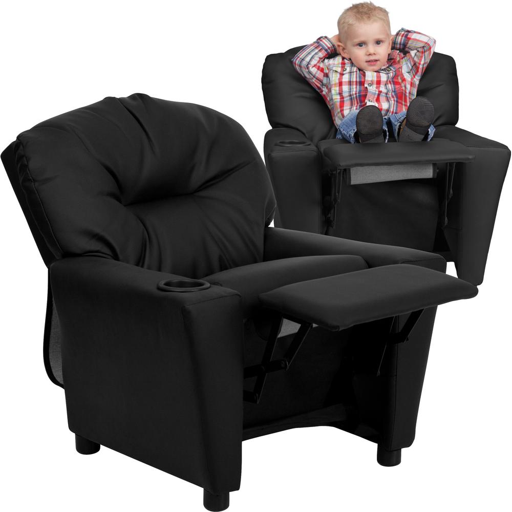 Contemporary Black LeatherSoft Kids Recliner with Cup Holder. Picture 8