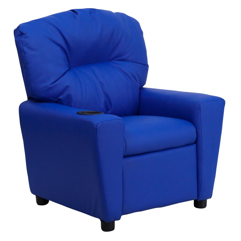 Contemporary Blue Vinyl Kids Recliner with Cup Holder. Picture 1