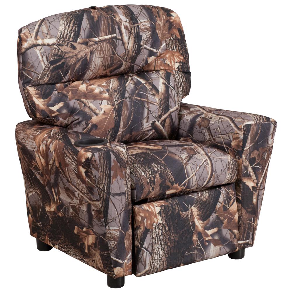 Contemporary Camouflaged Fabric Kids Recliner with Cup Holder. Picture 1