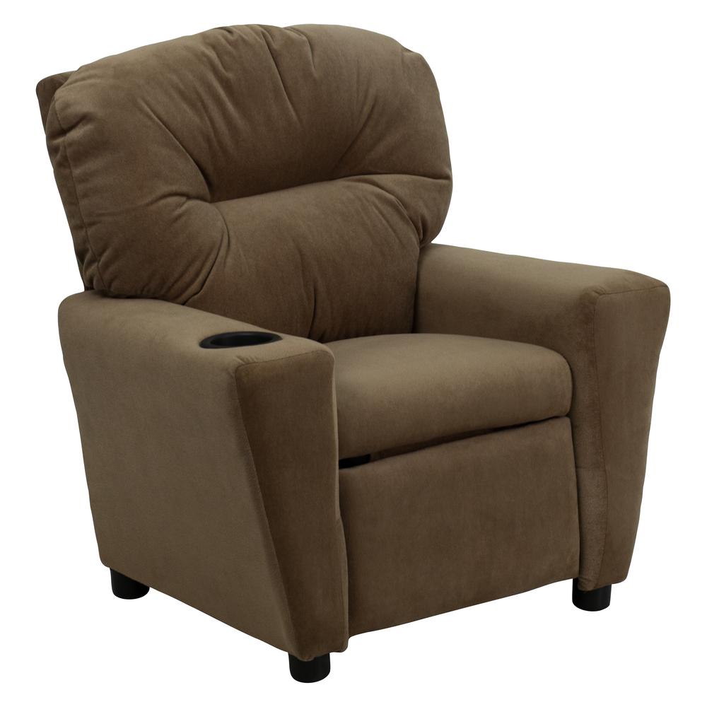 Contemporary Brown Microfiber Kids Recliner with Cup Holder. Picture 1