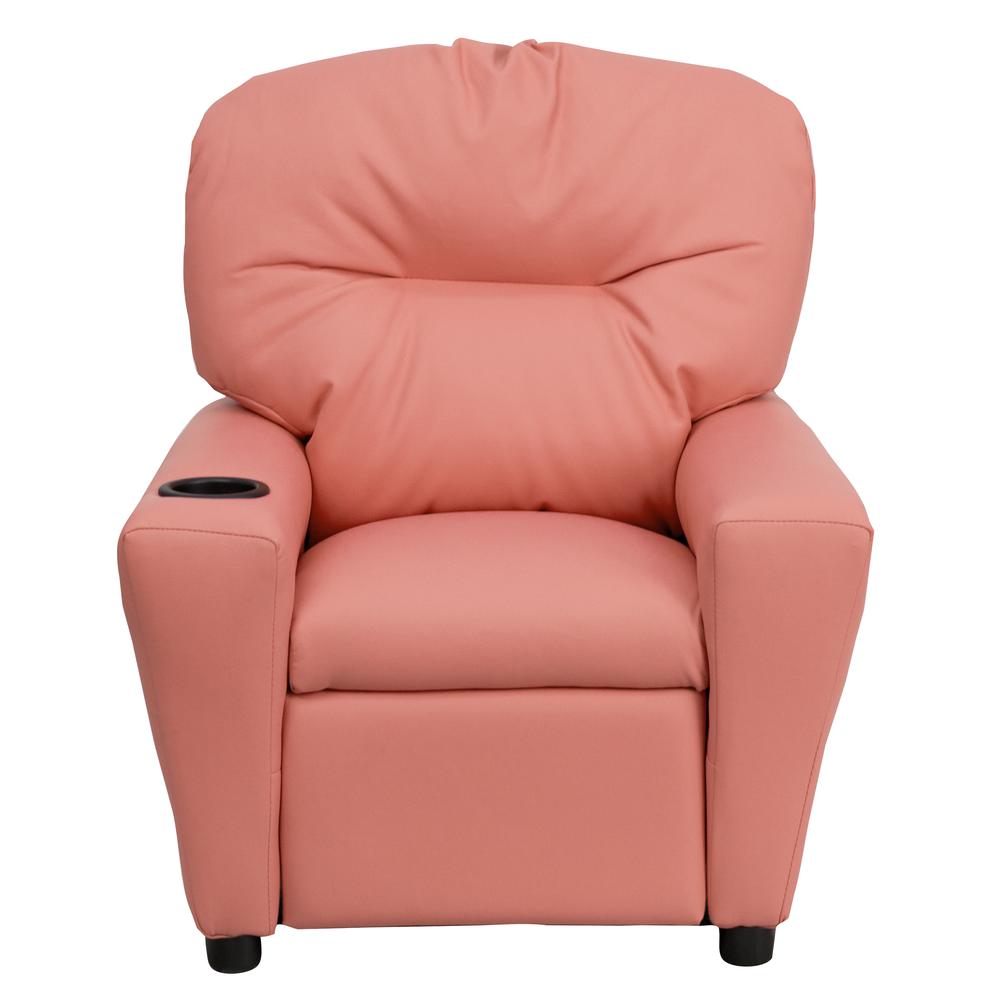 Contemporary Pink Vinyl Kids Recliner with Cup Holder. Picture 5