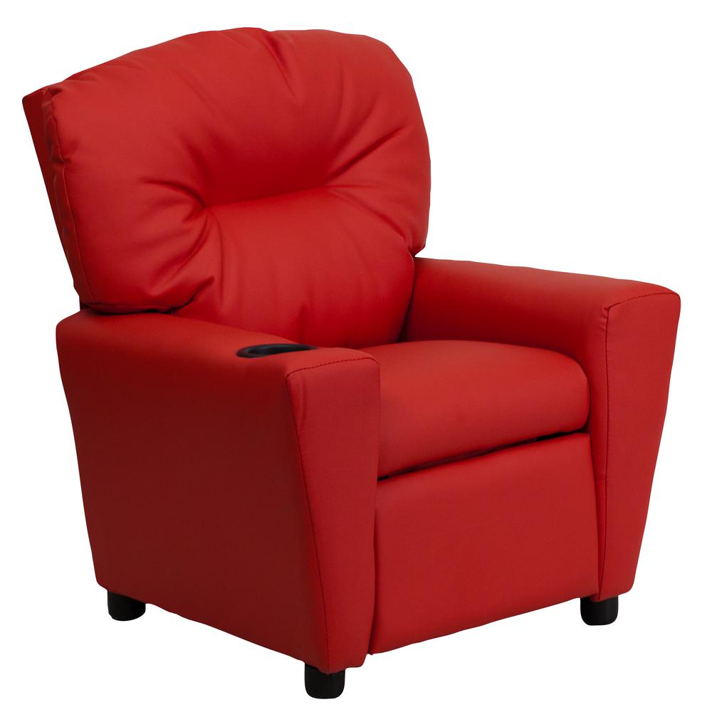 Contemporary Red Vinyl Kids Recliner with Cup Holder. Picture 1