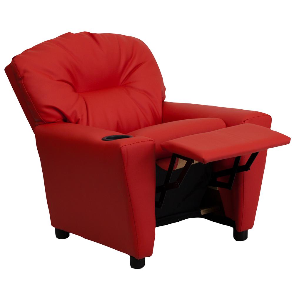 Contemporary Red Vinyl Kids Recliner with Cup Holder. Picture 6