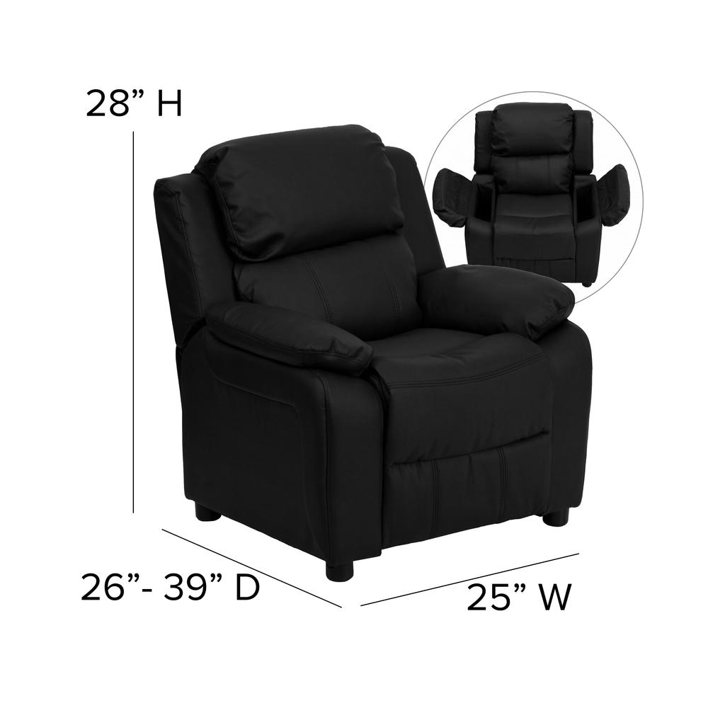 Deluxe Padded Contemporary Black LeatherSoft Kids Recliner with Storage Arms. Picture 2