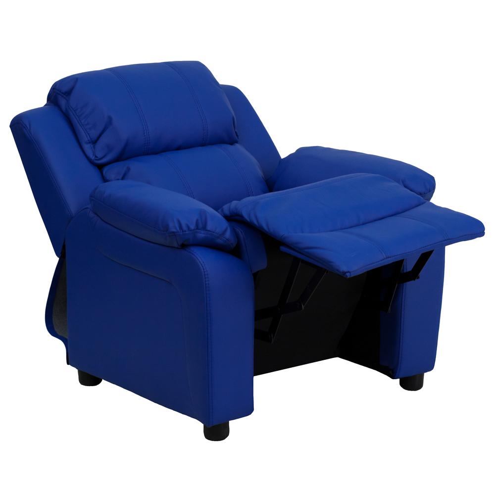 Deluxe Padded Contemporary Blue Vinyl Kids Recliner with Storage Arms. Picture 5