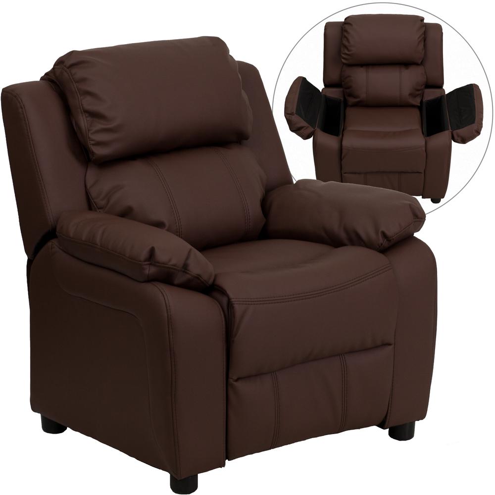 Deluxe Padded Contemporary Brown LeatherSoft Kids Recliner with Storage Arms. Picture 1