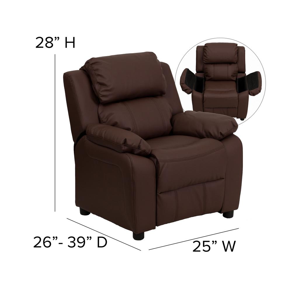 Deluxe Padded Contemporary Brown LeatherSoft Kids Recliner with Storage Arms. Picture 2
