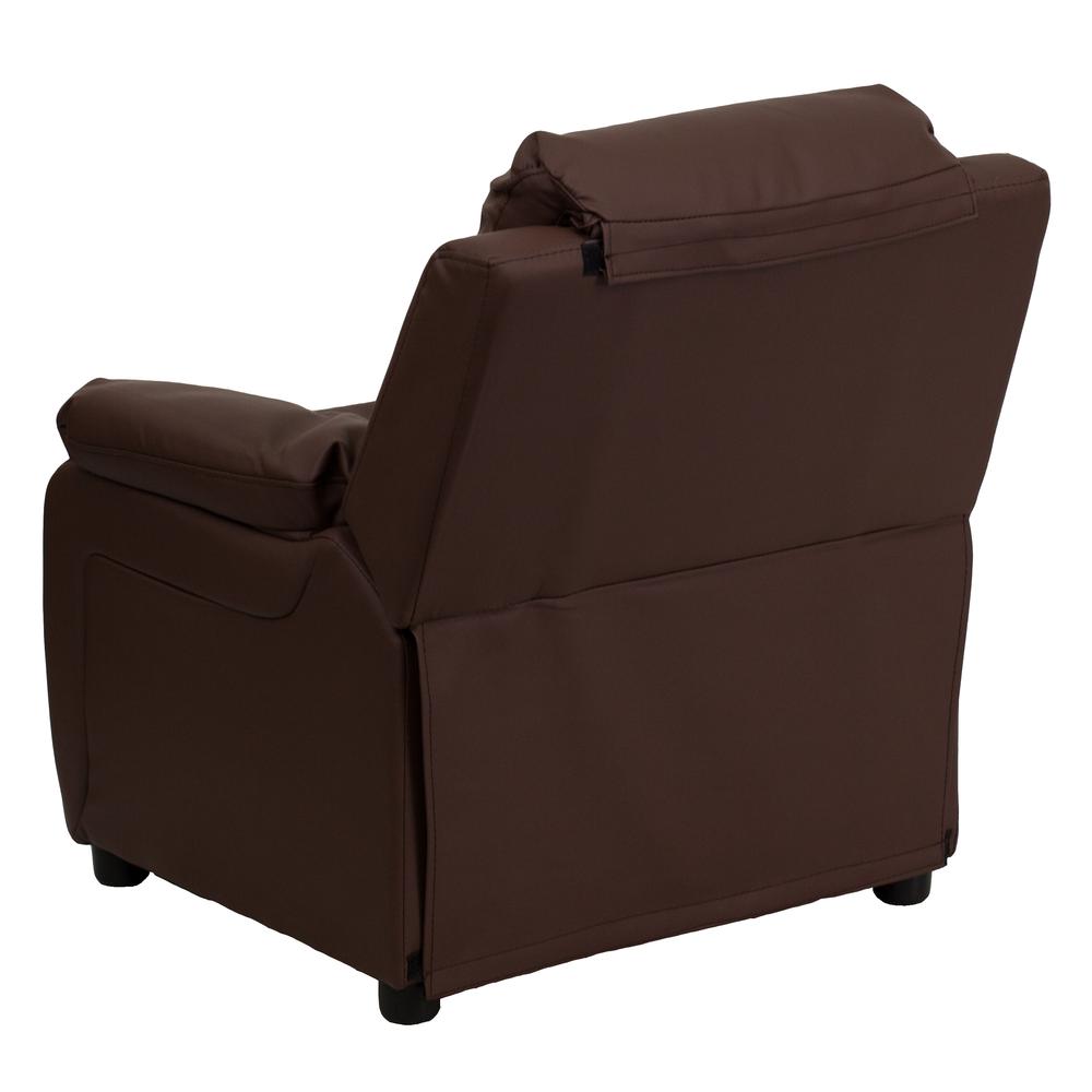 Deluxe Padded Contemporary Brown LeatherSoft Kids Recliner with Storage Arms. Picture 4