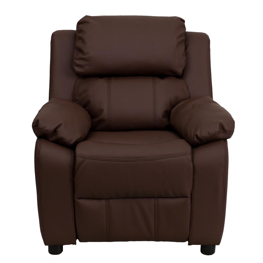 Deluxe Padded Contemporary Brown LeatherSoft Kids Recliner with Storage Arms. Picture 5