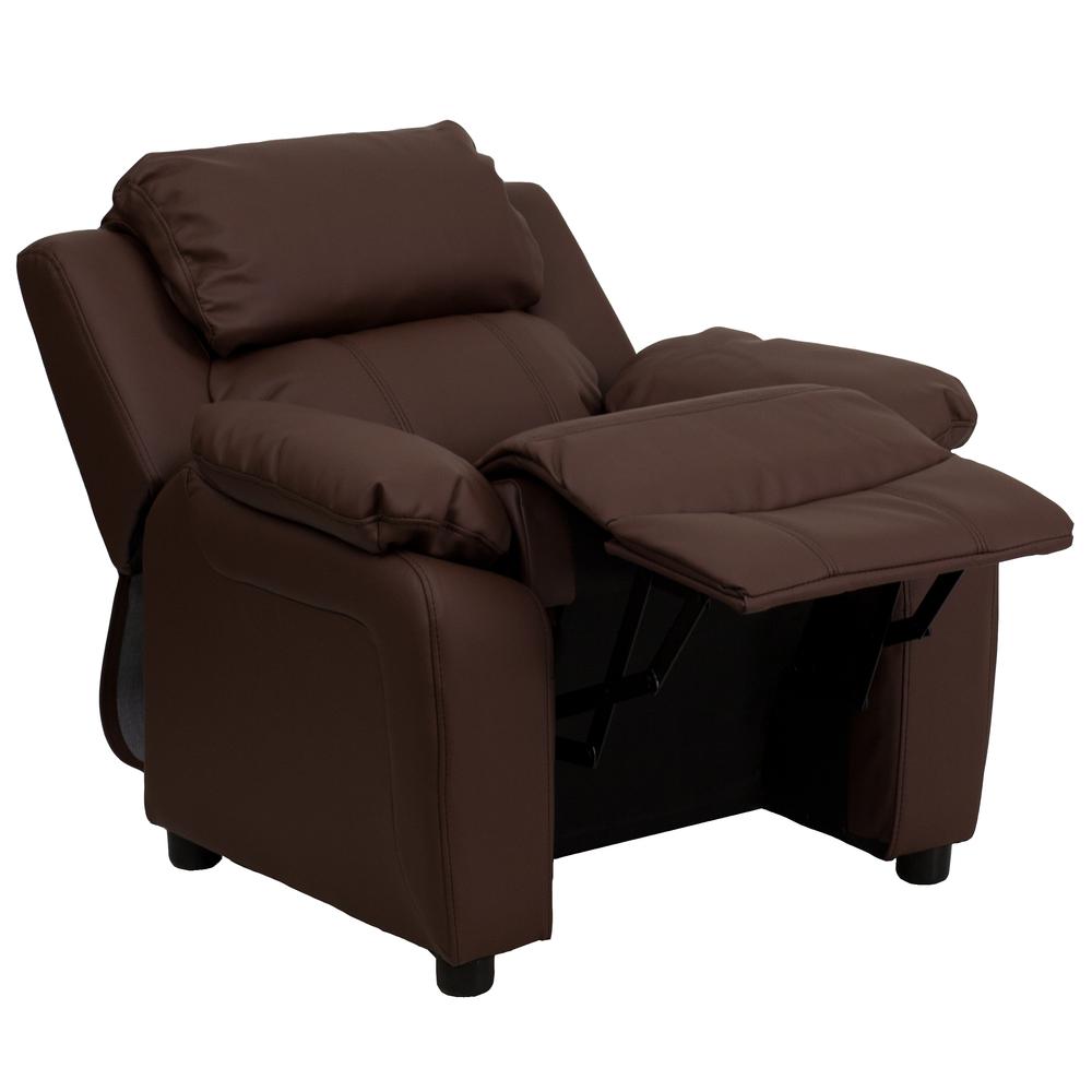 Deluxe Padded Contemporary Brown LeatherSoft Kids Recliner with Storage Arms. Picture 6