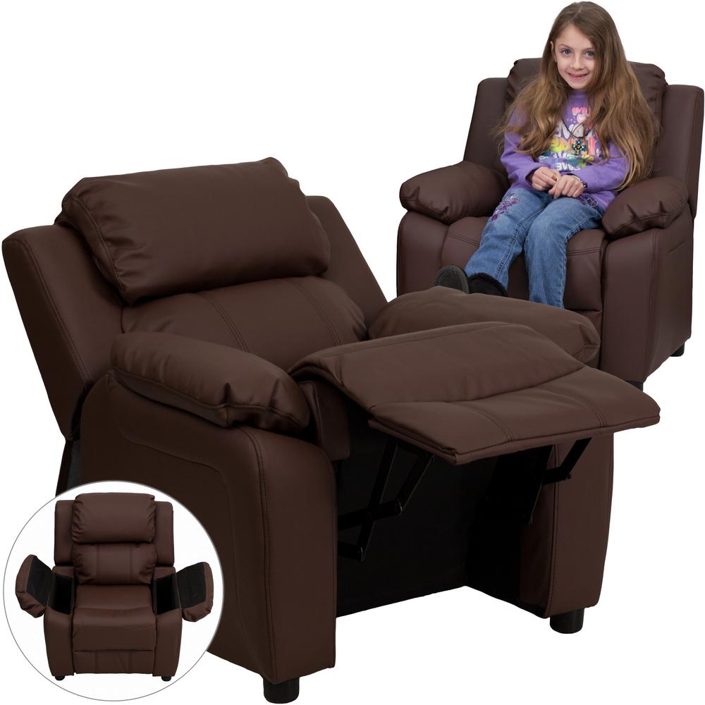 Deluxe Padded Contemporary Brown LeatherSoft Kids Recliner with Storage Arms. Picture 7