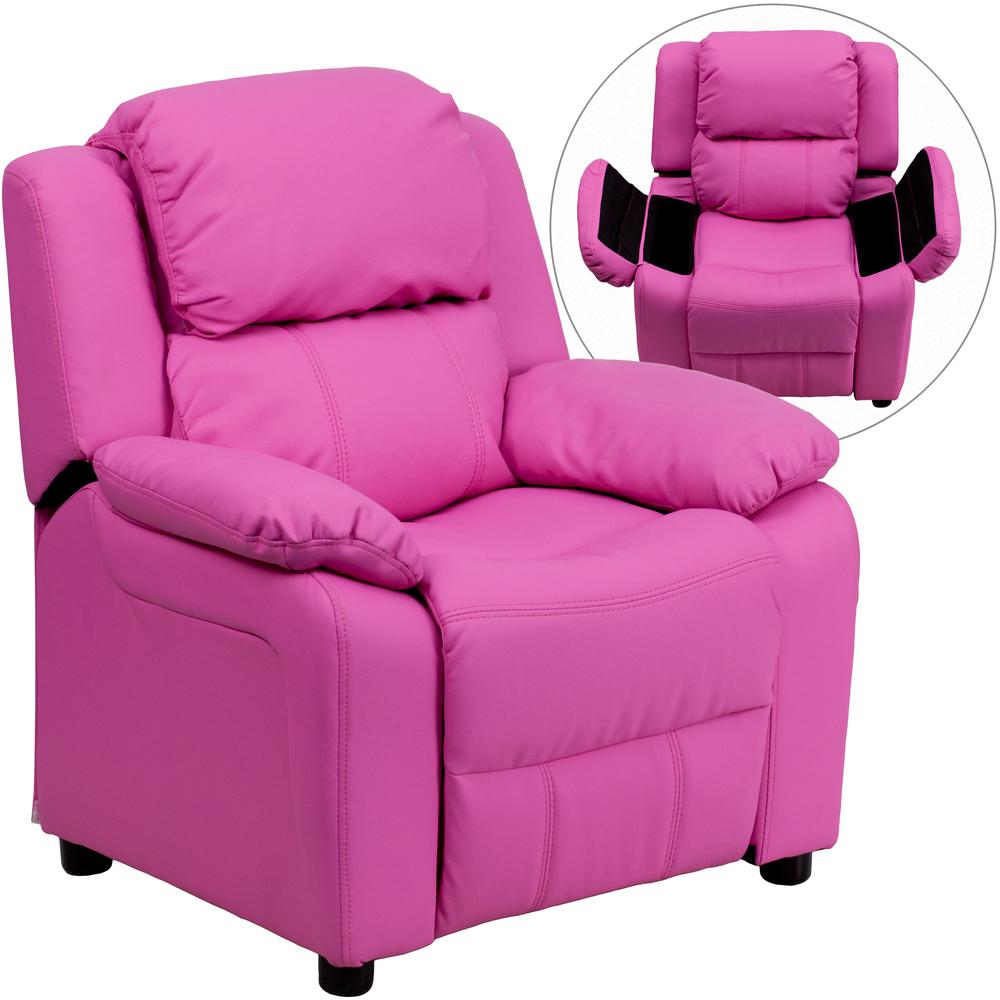 Deluxe Padded Contemporary Hot Pink Vinyl Kids Recliner with Storage Arms. Picture 1