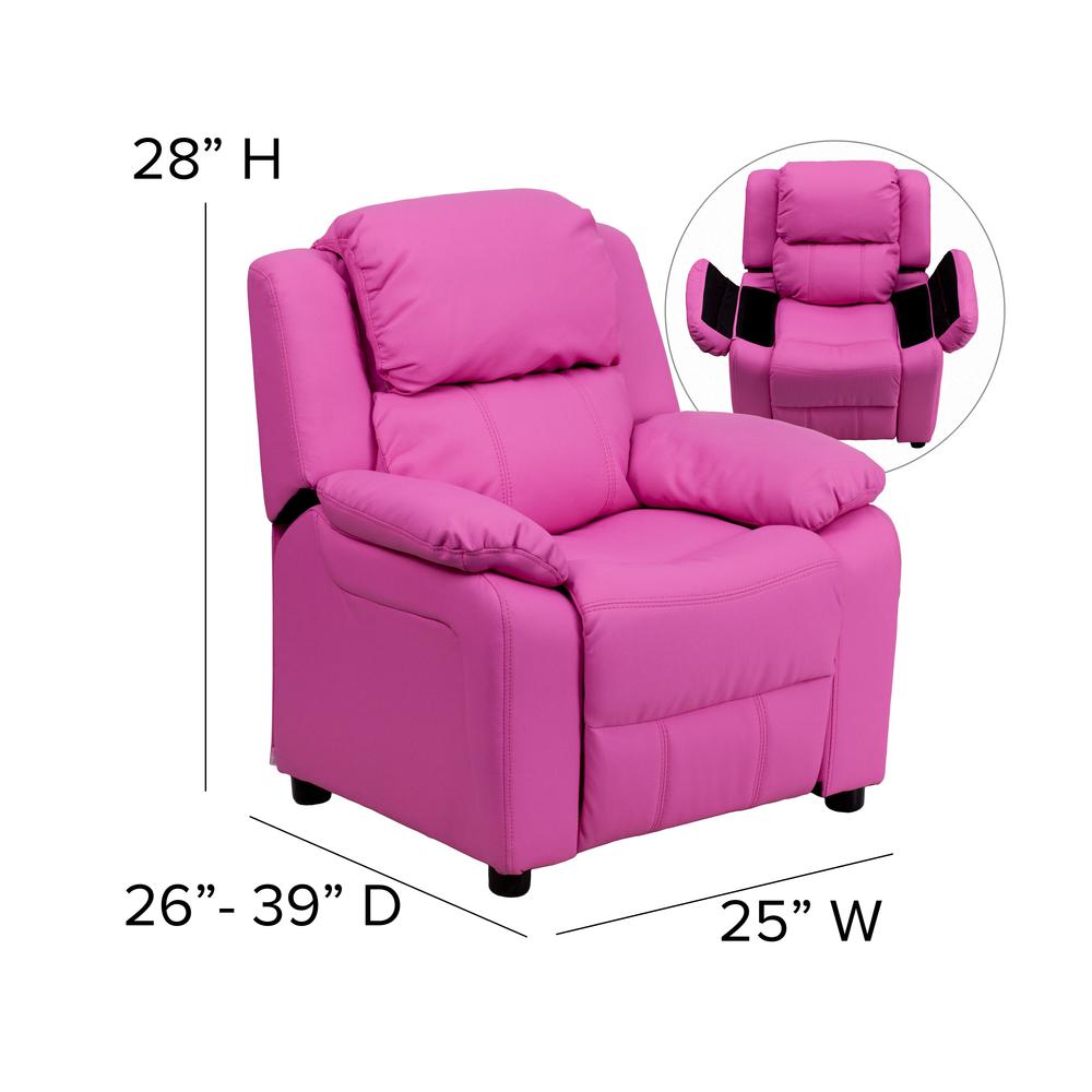 Deluxe Padded Contemporary Hot Pink Vinyl Kids Recliner with Storage Arms. Picture 2