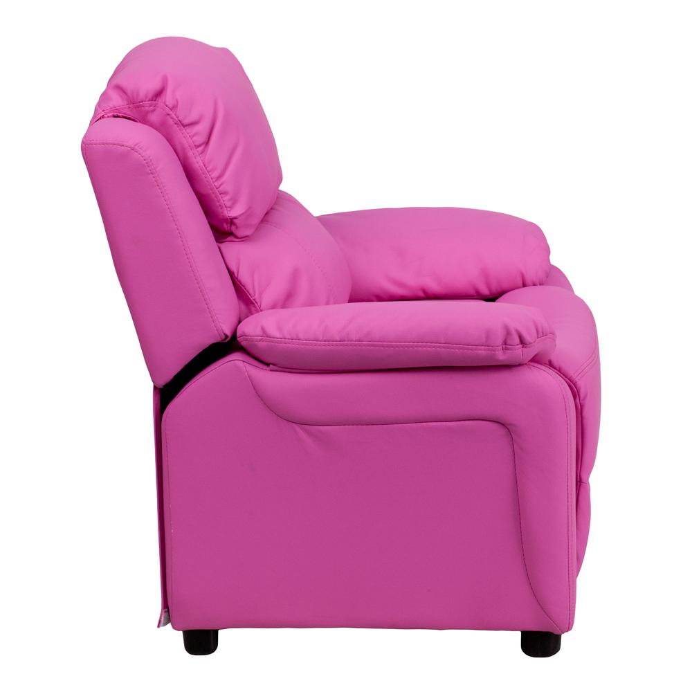 Deluxe Padded Contemporary Hot Pink Vinyl Kids Recliner with Storage Arms. Picture 3