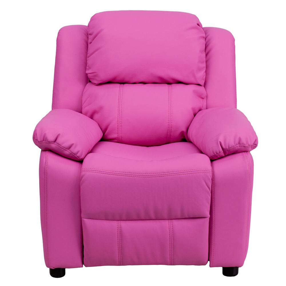 Deluxe Padded Contemporary Hot Pink Vinyl Kids Recliner with Storage Arms. Picture 5
