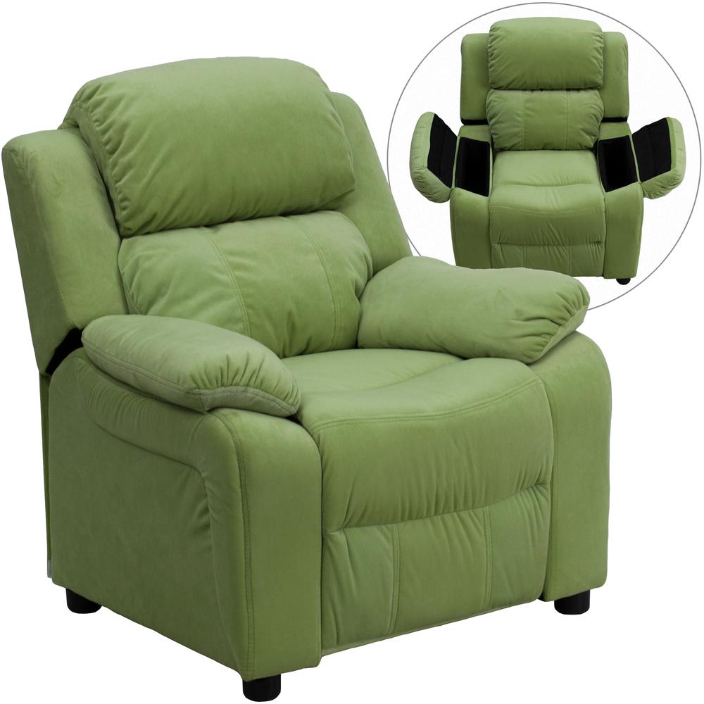 Deluxe Padded Contemporary Avocado Microfiber Kids Recliner with Storage Arms. Picture 1